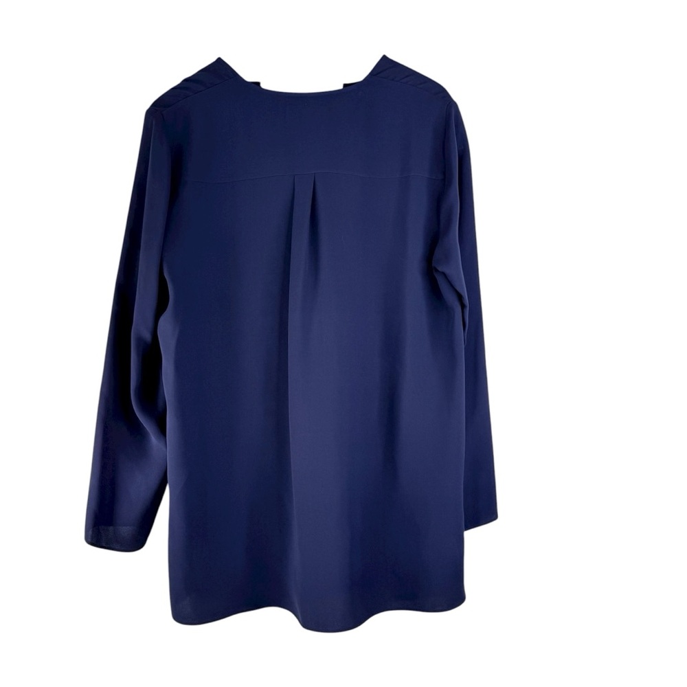 Lafayette 148 New York 100% Silk Split V Neck Navy Blue Women's Blouse Size L - Picture 2 of 6